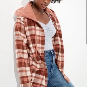 American Eagle Plaid Hooded Button Up Flannel
